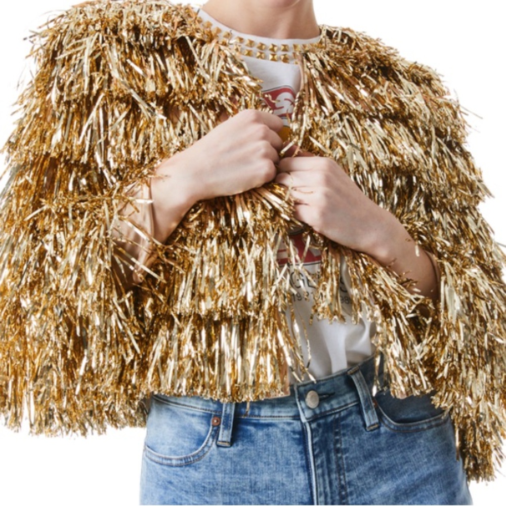 Alice + Olivia Gold Fawn Fringe Tinsel Jacket Size XL
